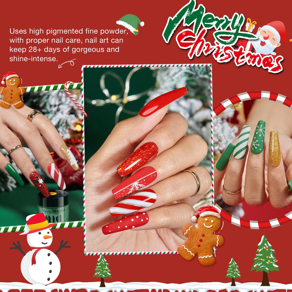 AzureBeauty dip powder colors red green gold visible for festive nails
