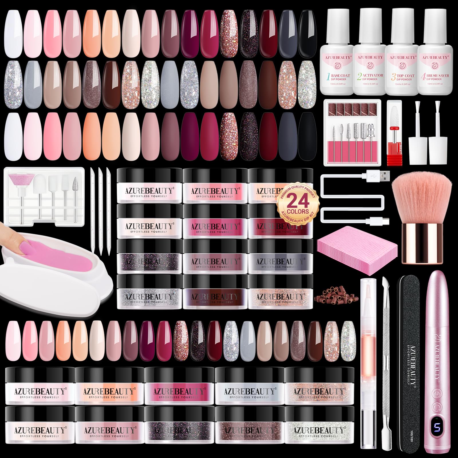 AZUREBEAUTY dip powder kit color swatches: 24 chic hues for nail art inspiration.