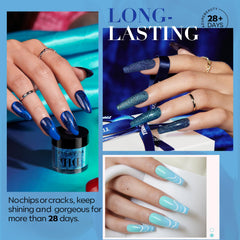 AZUREBEAUTY dip powder kit 8 colors powder display emphasizes long-lasting, vibrant shade options.