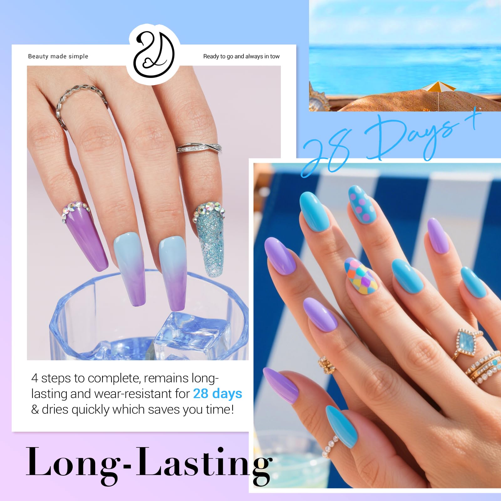 AZUREBEAUTY dip powder base, top coat, activator included for salon-quality results.