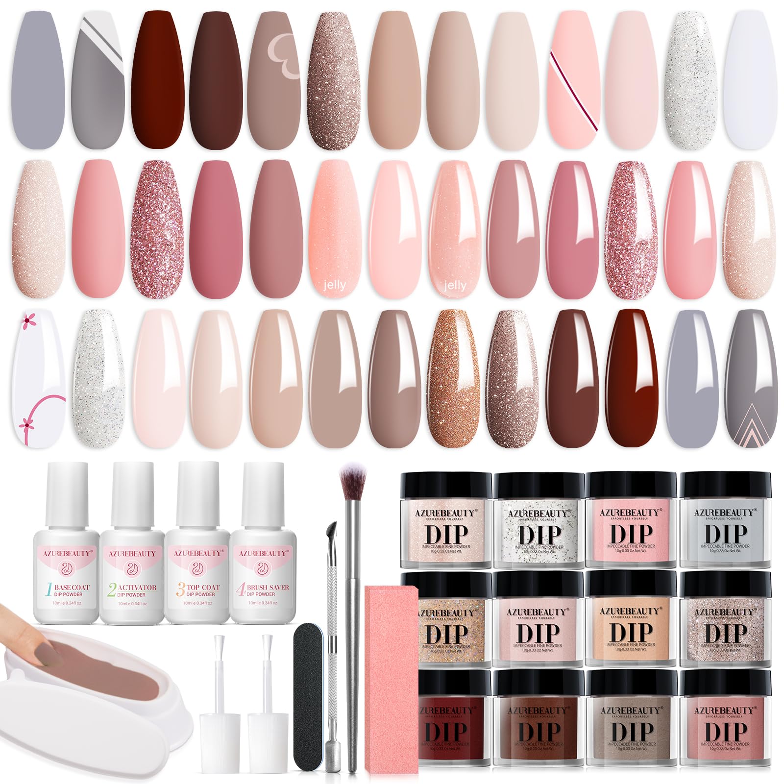 AzureBeauty dip powder kit contents shown as an all-in-one starter set for home manicures.