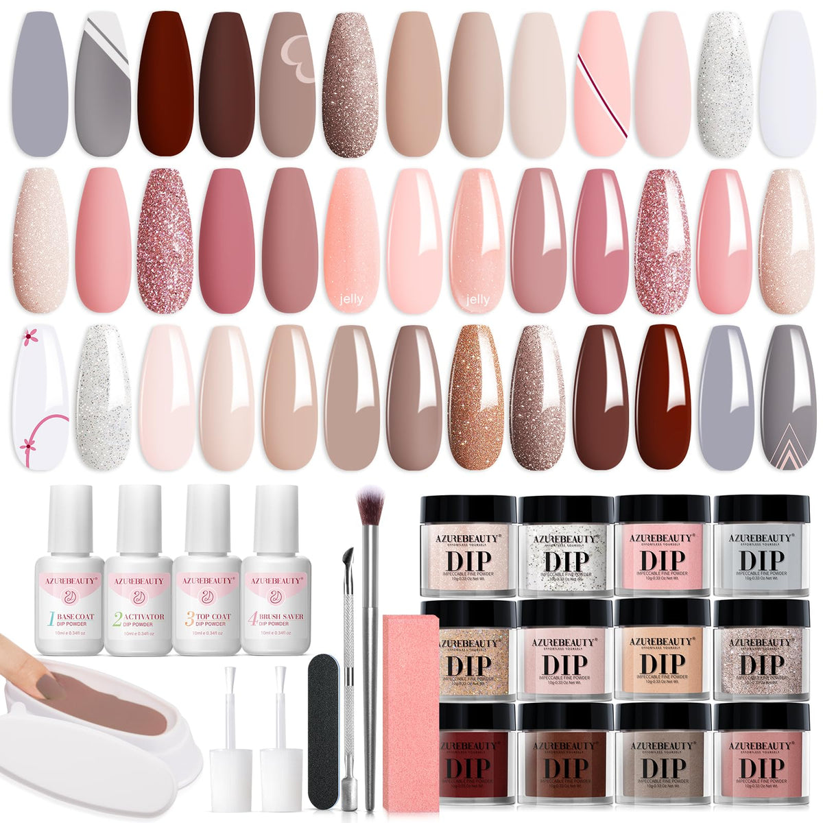 AzureBeauty dip powder kit contents shown as an all-in-one starter set for home manicures.