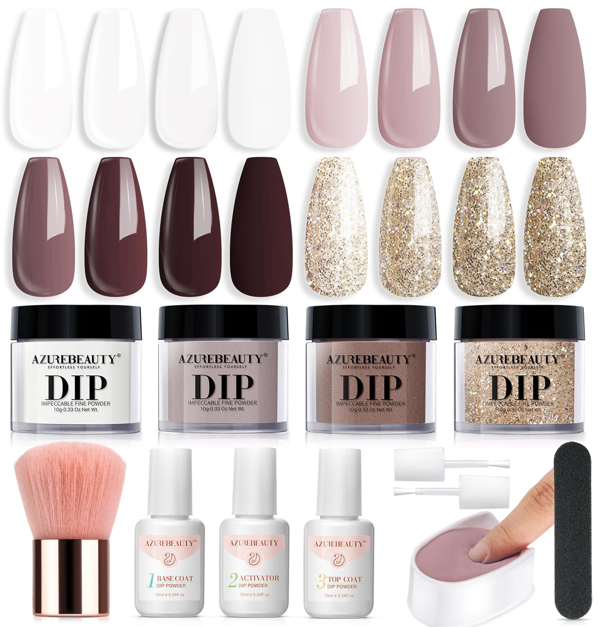 AZUREBEAUTY Dip Powder Kit white mauve champagne colors displayed for effortless salon grade nails at home