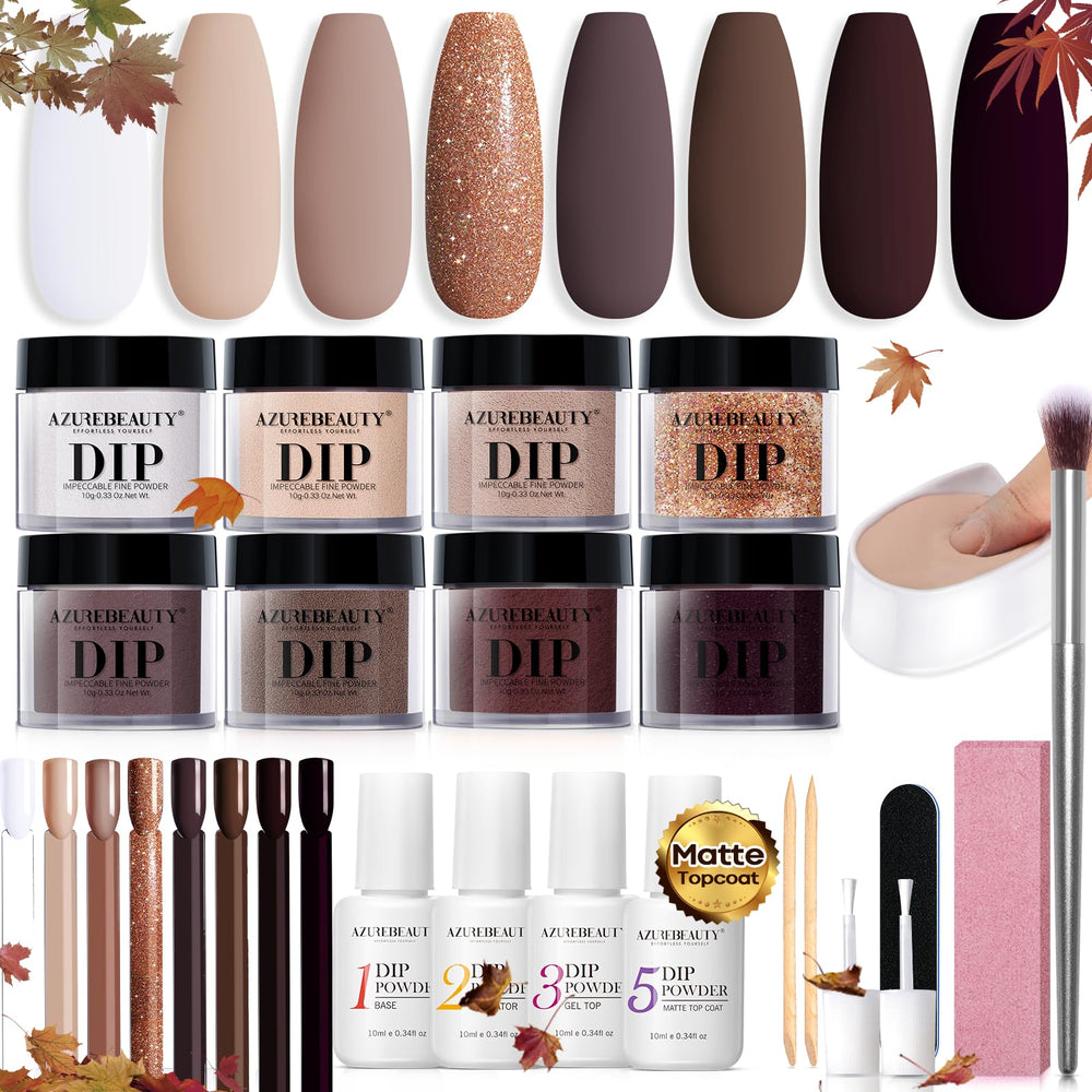 AZUREBEAUTY kit contents show starter-set items for easy at-home dip manicure.