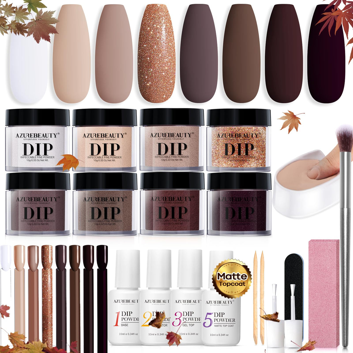 AZUREBEAUTY kit contents show starter-set items for easy at-home dip manicure.
