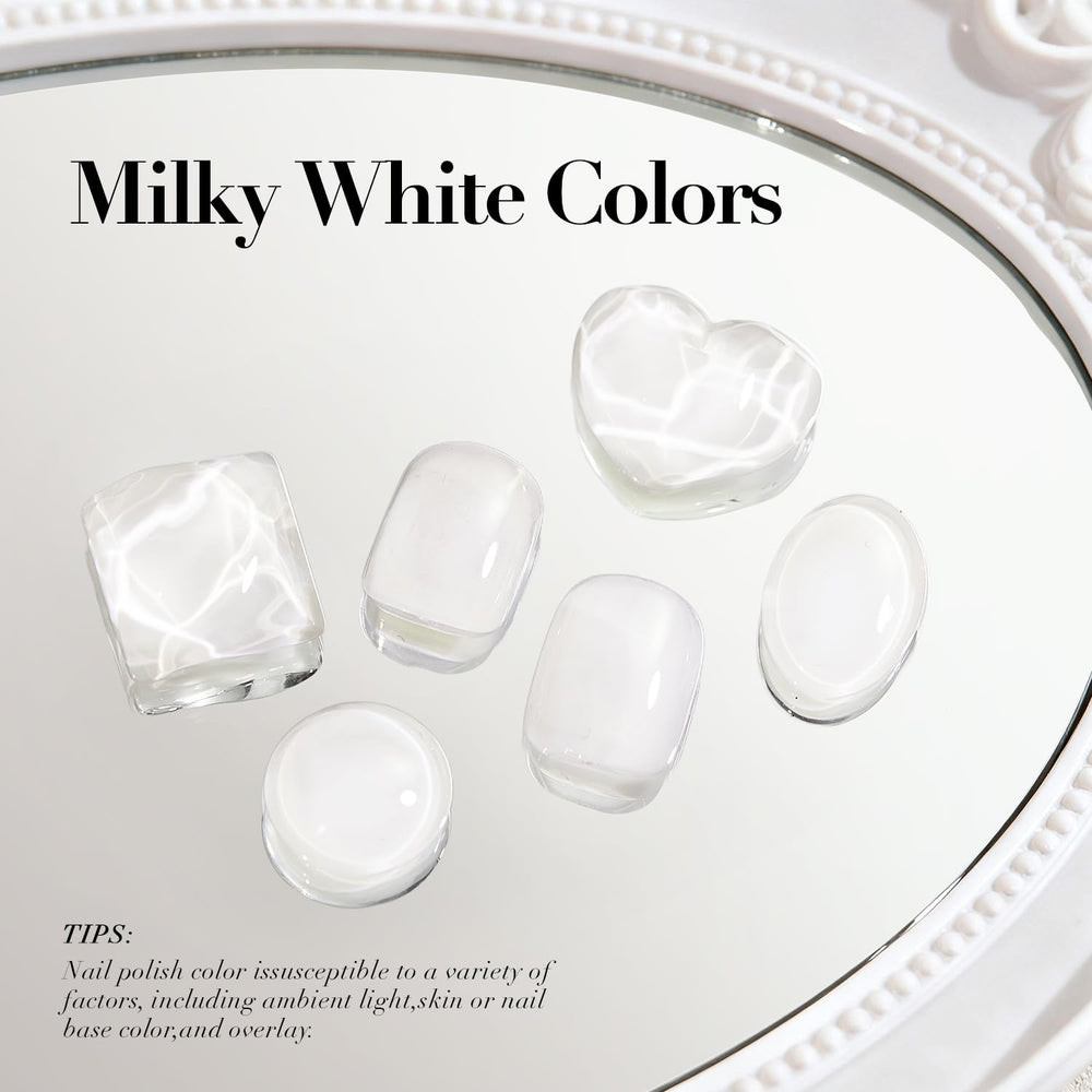 AzureBeauty Milky White pearl-gloss finish on nails for a polished look.