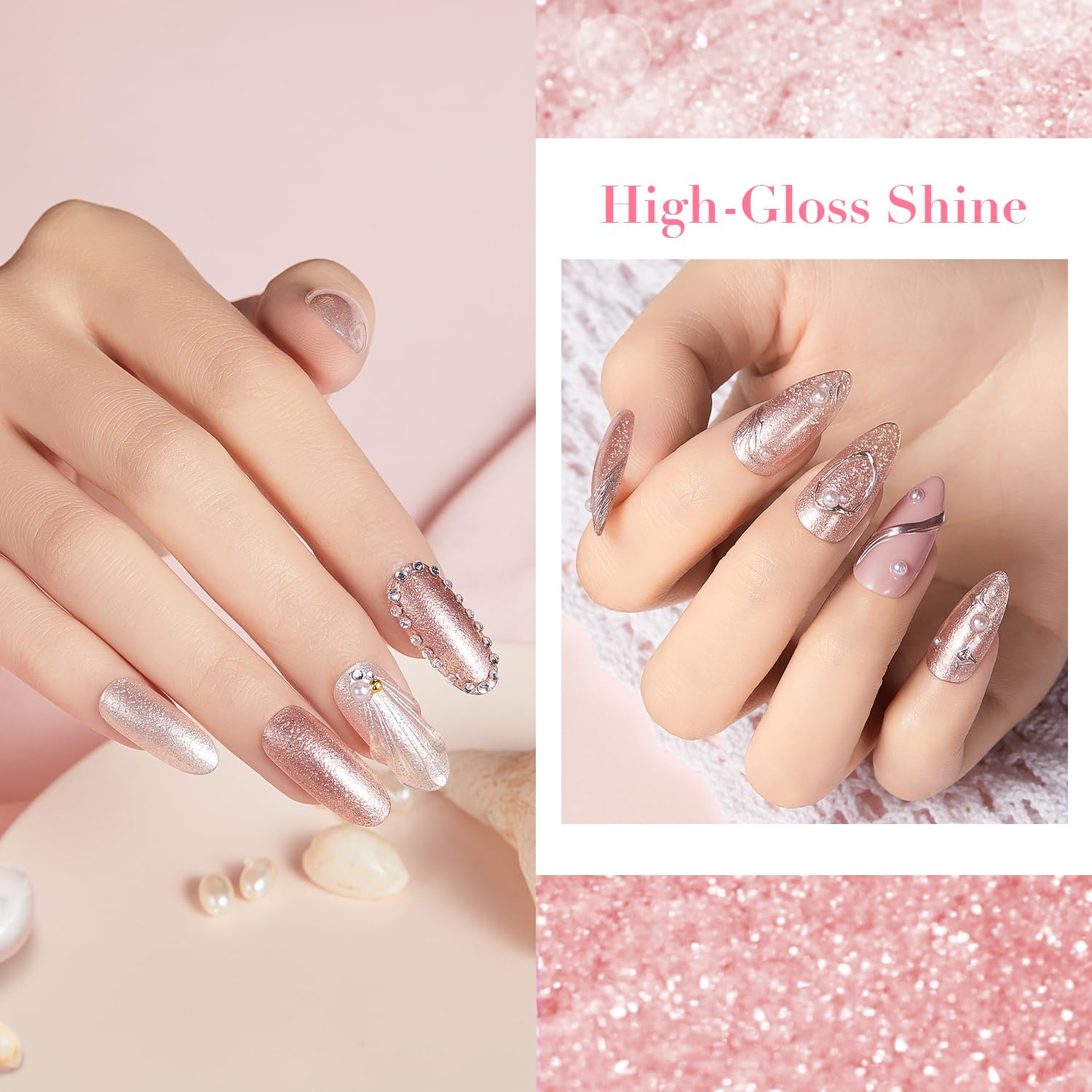 AZUREBEAUTY nail polish set color swatches display nude, skin-tone, glitter, and pearl options