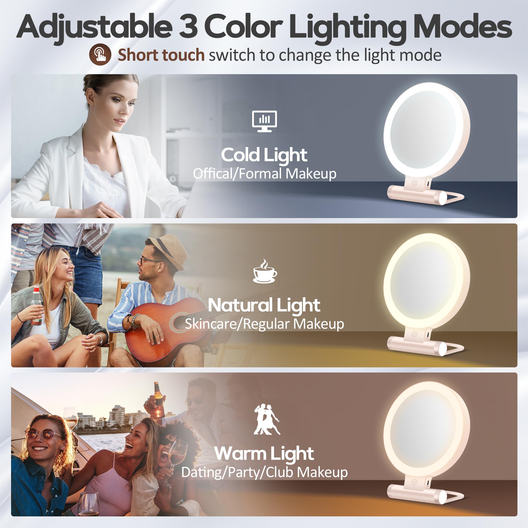 B Beauty Planet magnifying mirror shows adjustable brightness for comfortable viewing.
