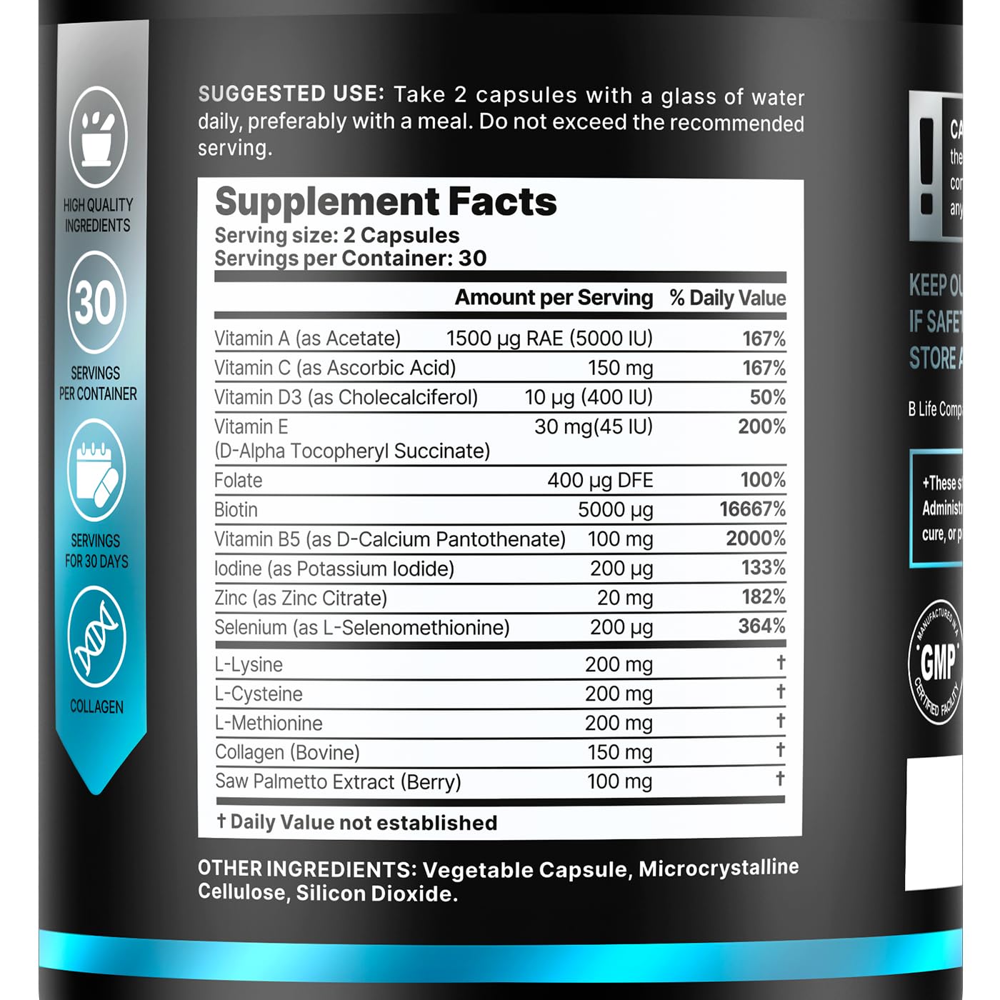 Capsules closeup from B Life Company highlighting biotin and collagen benefits.