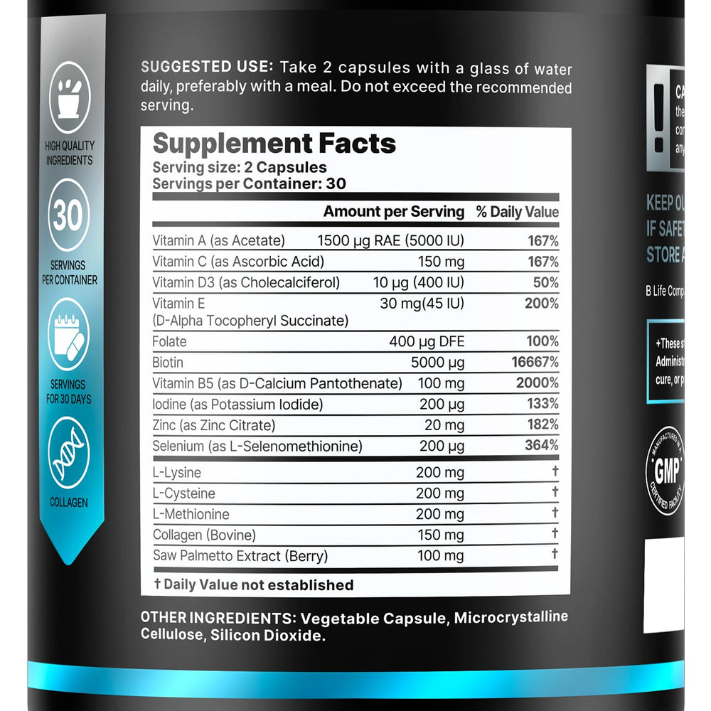 Capsules closeup from B Life Company highlighting biotin and collagen benefits.