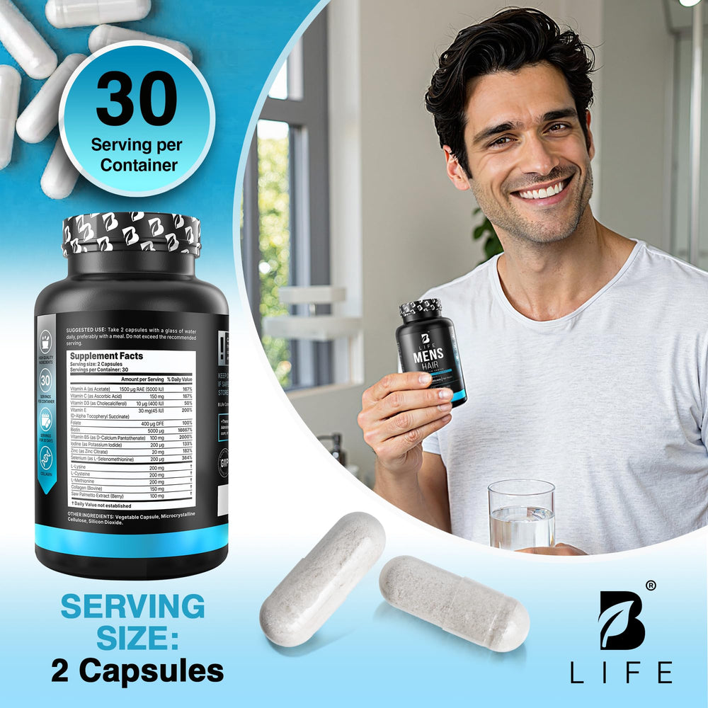 Grooming routine scene with B Life Company bottle on a bathroom shelf.
