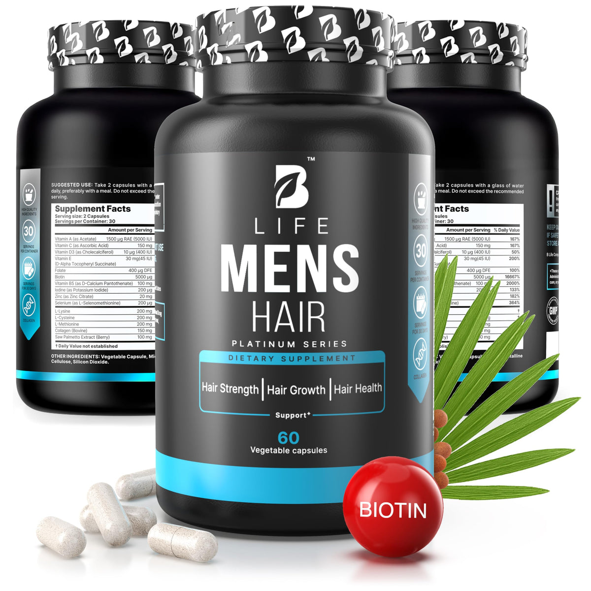 B Life Company men hair growth supplement bottle shown for thicker hair.