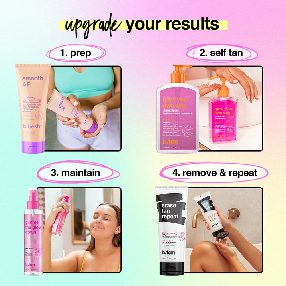 B.TAN Clear Self Tan Gel’s clear formula goes on invisible for easy blending.