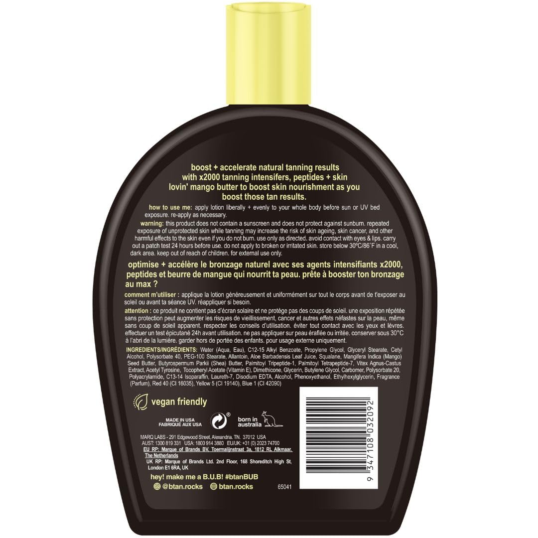 Key ingredients of B.TAN UV Tanning Lotion highlighted for deep tanning.