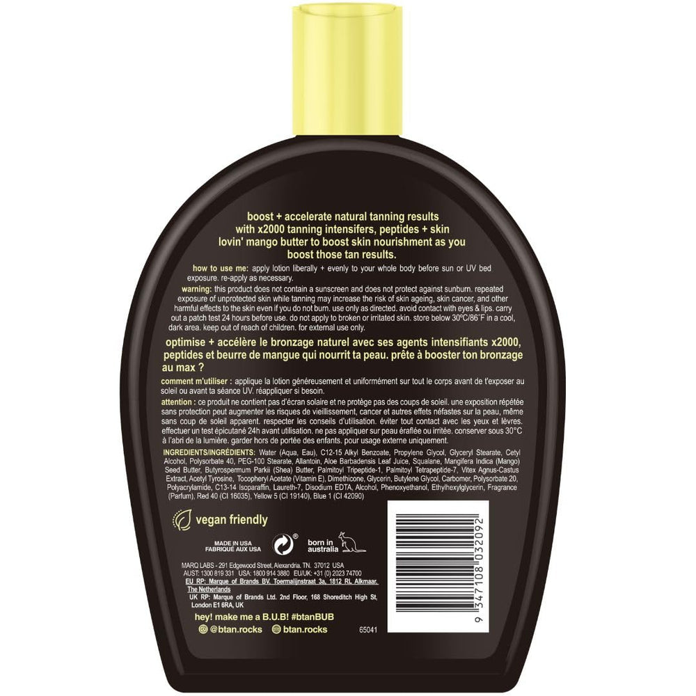 Key ingredients of B.TAN UV Tanning Lotion highlighted for deep tanning.