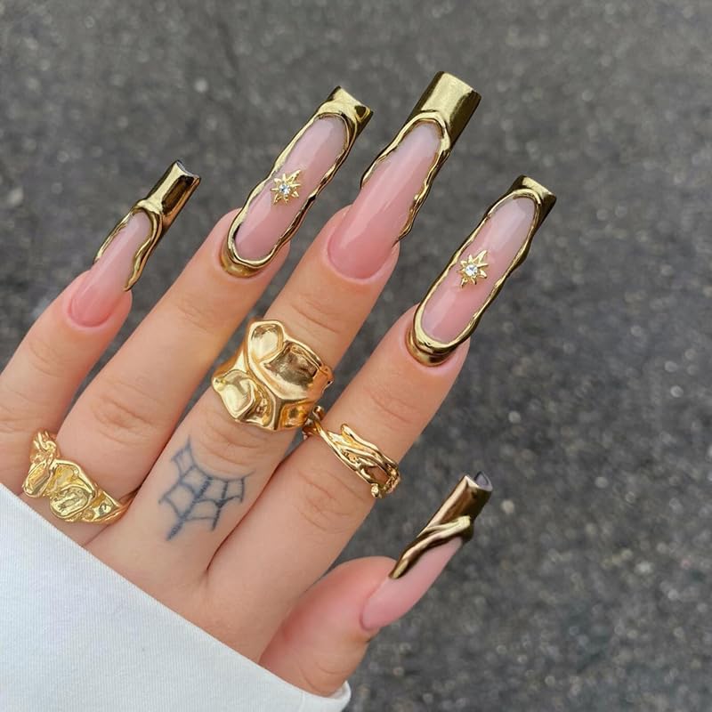 BABALAL Nails press-on long square gold texture for bold manicure