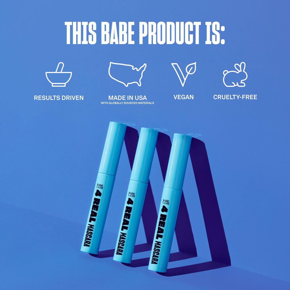 Vegan and cruelty-free badge accompanies BABE ORIGINAL 4 Real Mascara.