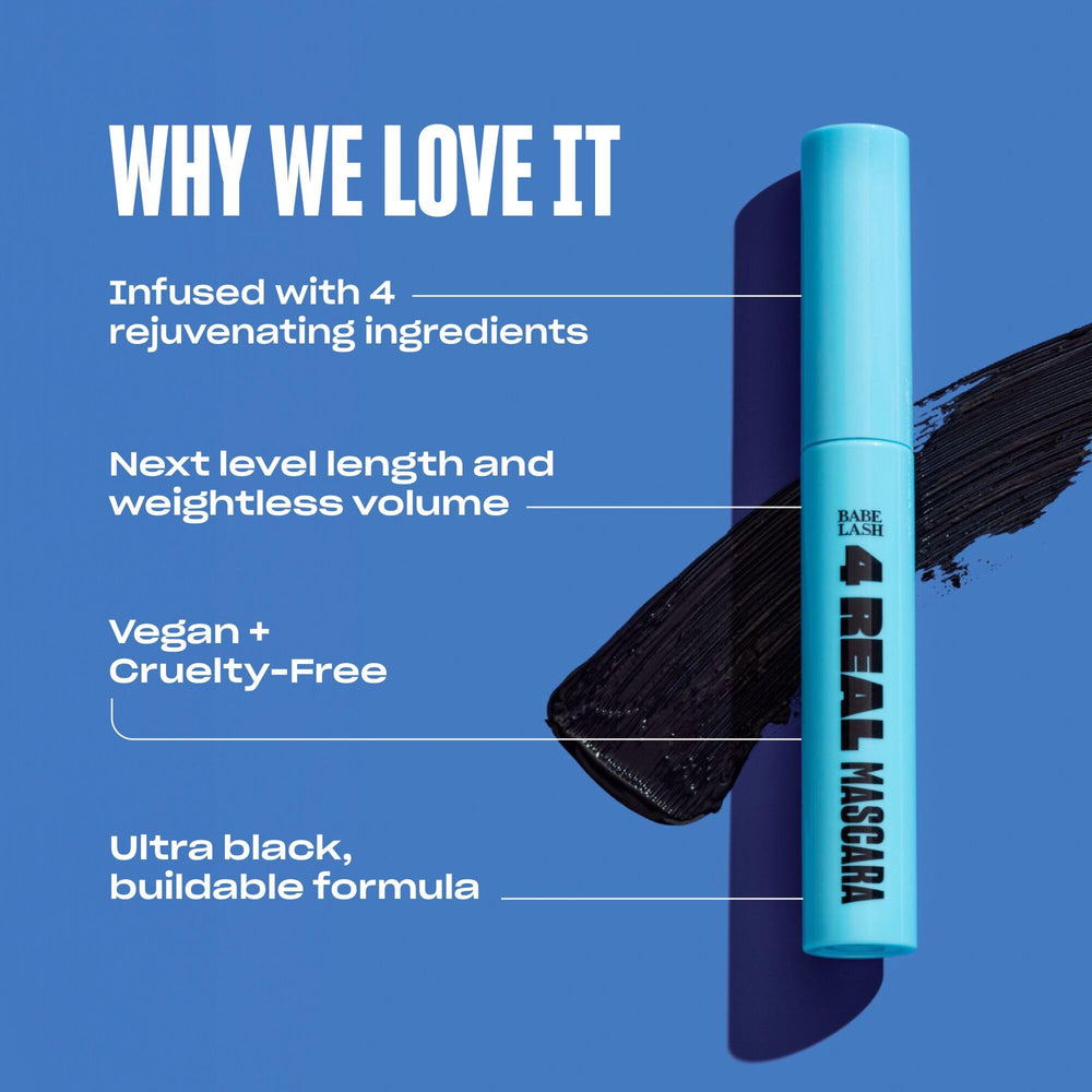 BABE ORIGINAL 4 Real Mascara silicone wand grips every lash for buildable length.