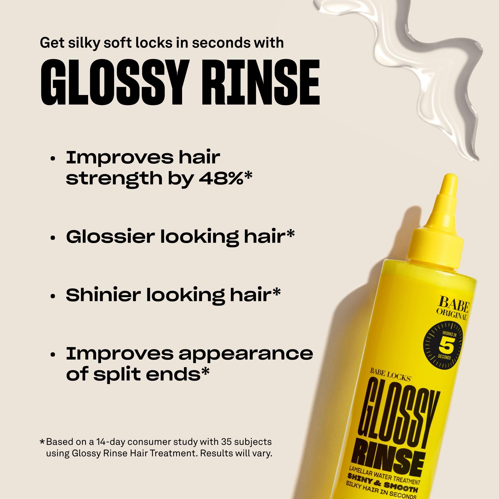BABE ORIGINAL Glossy Rinse ingredients close-up showing vegan keratin and squalene