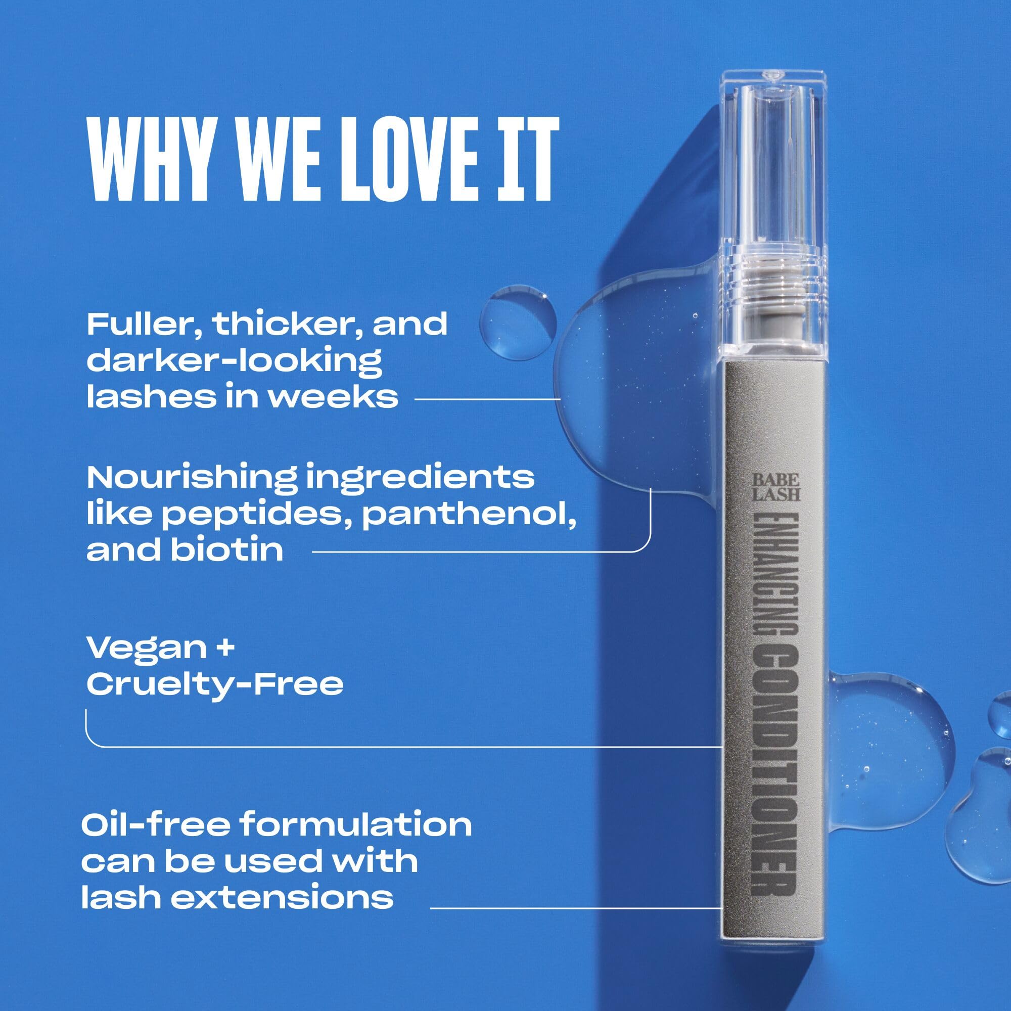 Babe Original lash serum closeup highlights peptides and biotin for conditioning.