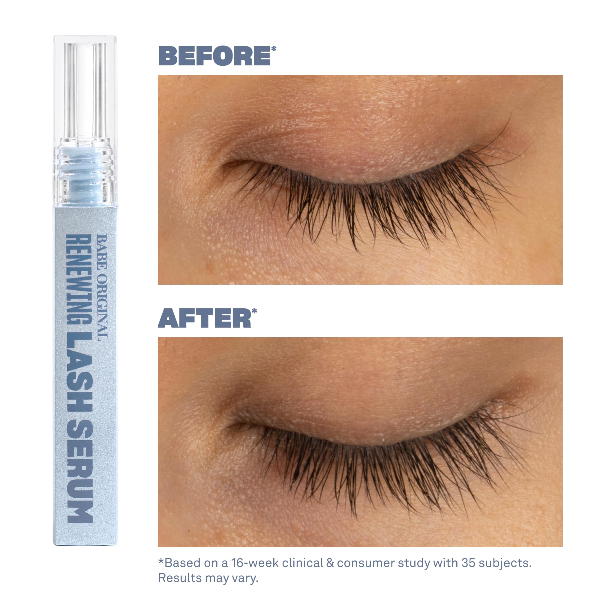 BABE ORIGINAL Renewing Lash Serum application brush demonstrates precise nightly use.