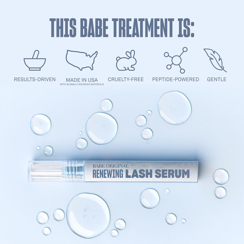 BABE ORIGINAL Renewing Lash Serum bottle on white emphasizes clean, minimal care routine.