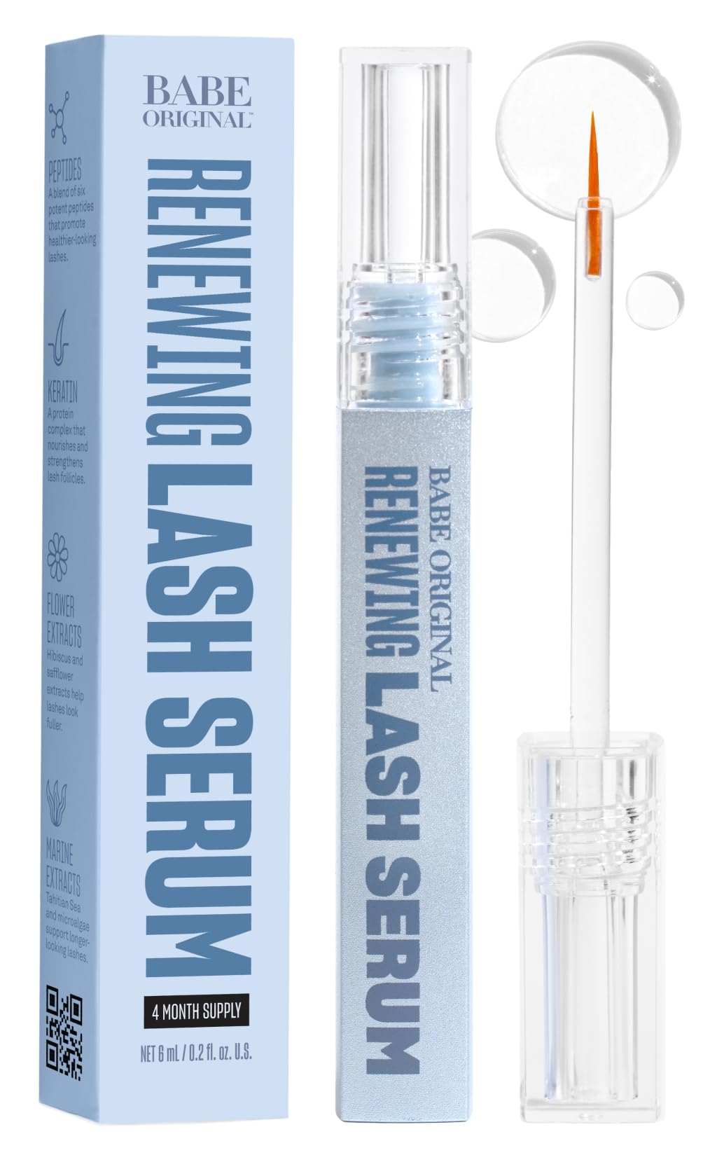BABE ORIGINAL Renewing Lash Serum bottle close-up showing a nourishing formula for fuller lashes.