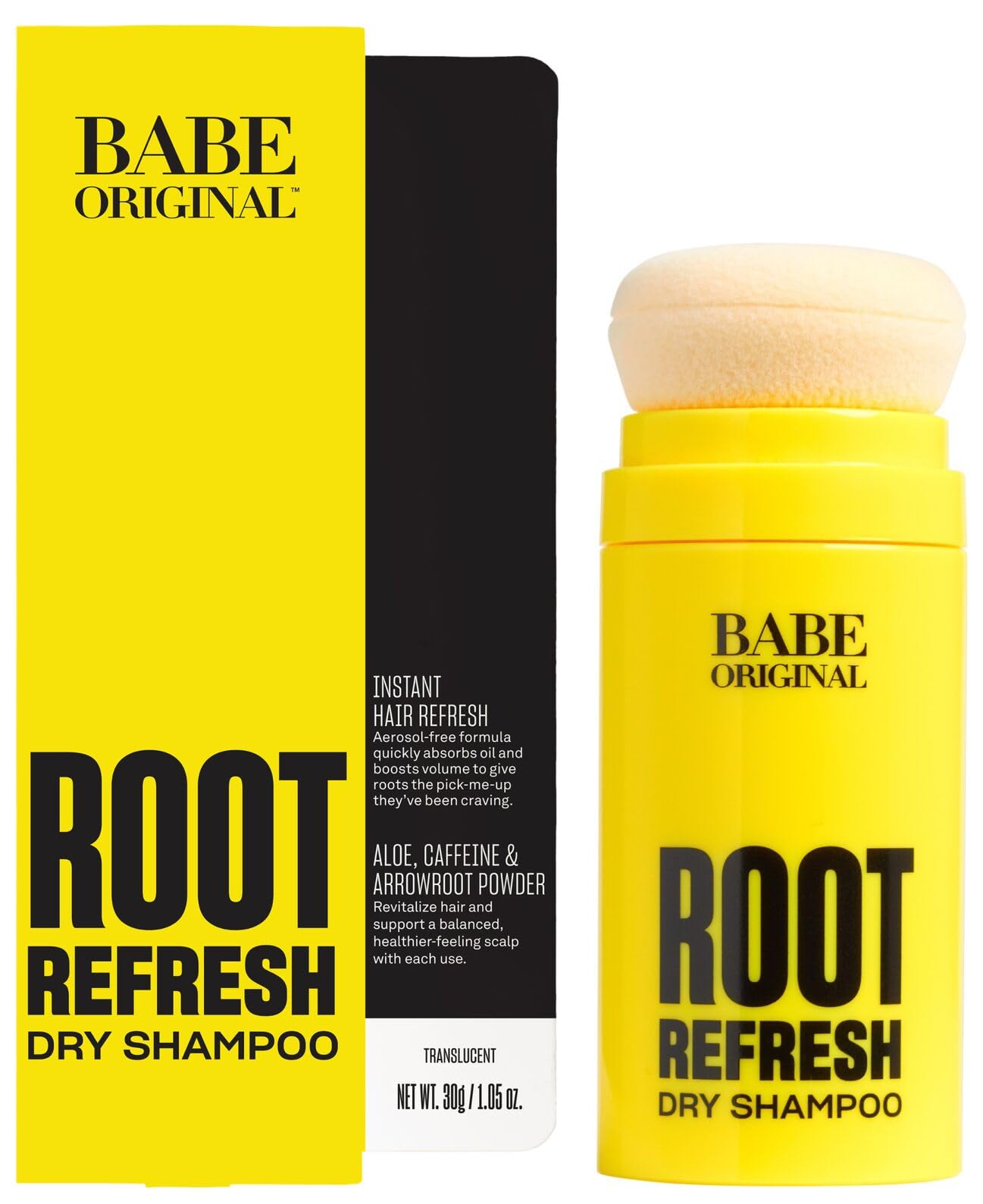 BABE ORIGINAL Root Refresh bottle close-up showcases aerosol-free, talc-free formula for quick refreshing.