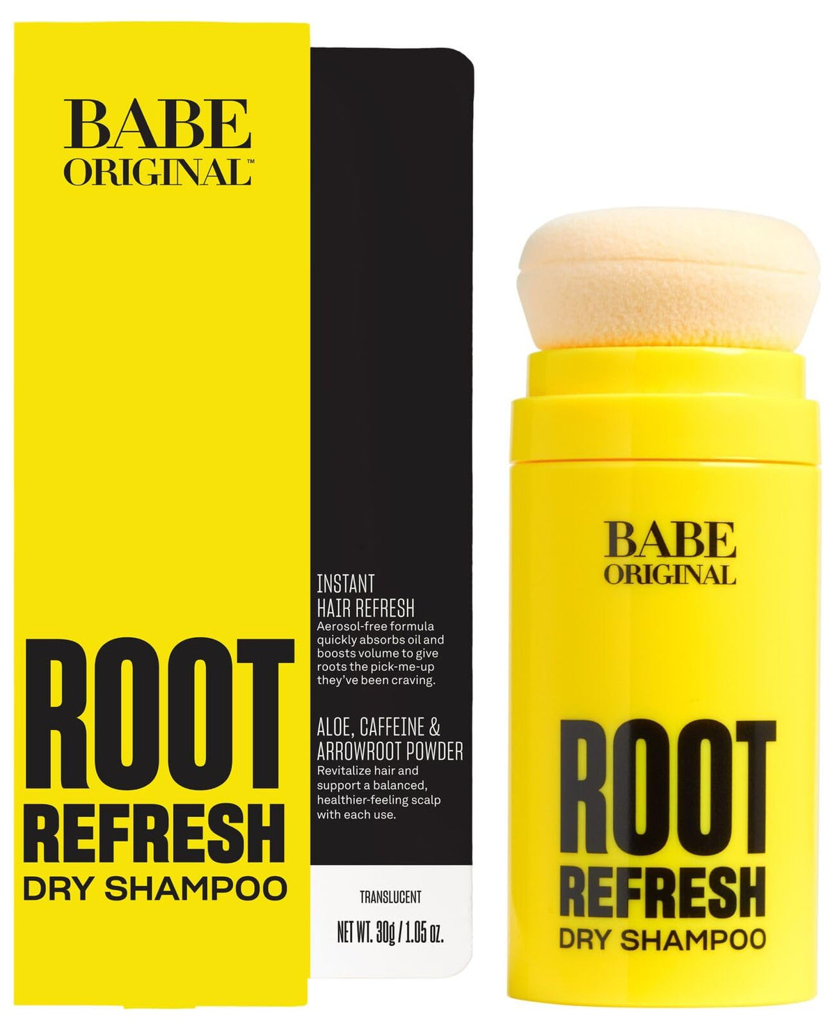 BABE ORIGINAL Root Refresh bottle close-up showcases aerosol-free, talc-free formula for quick refreshing.