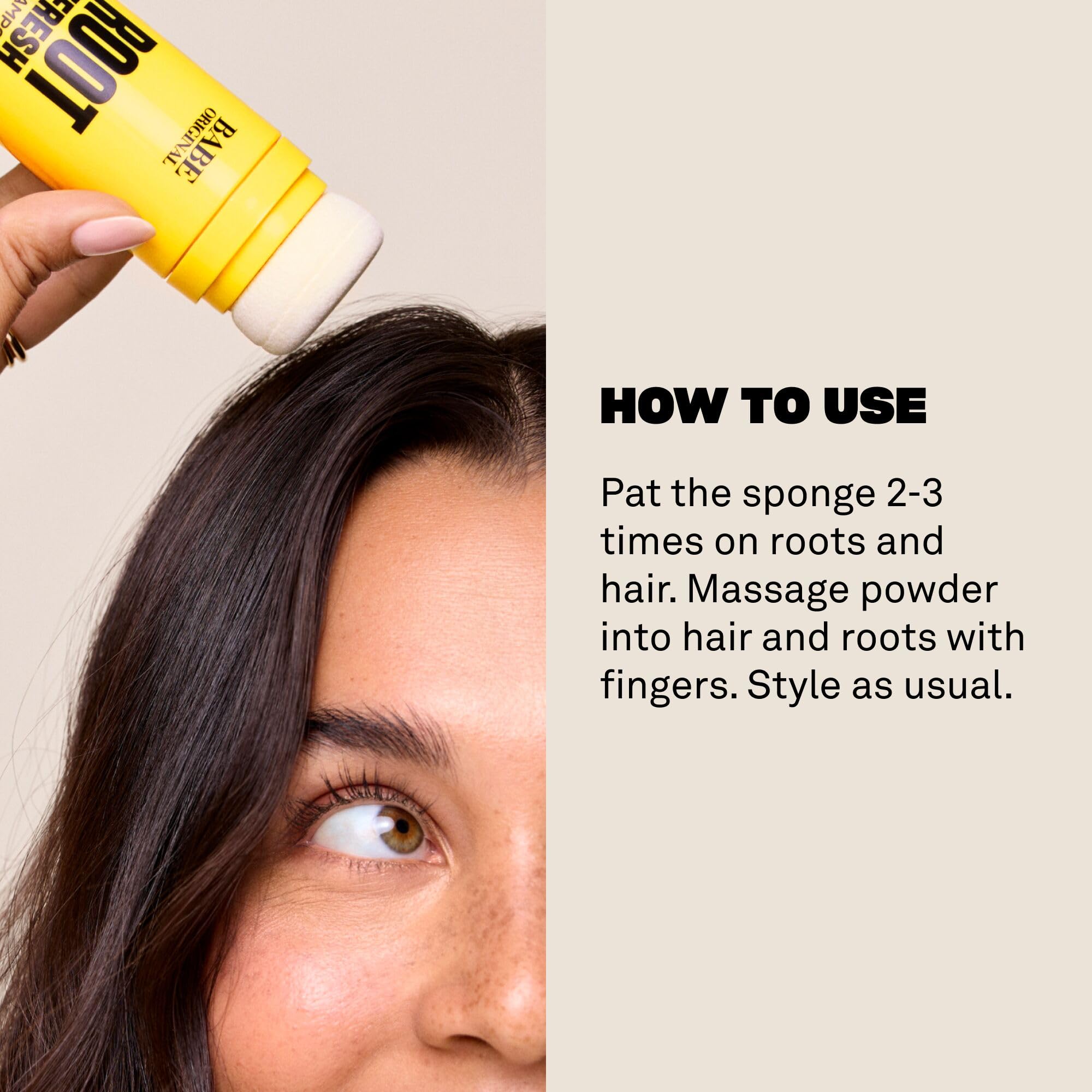 BABE ORIGINAL Root Refresh on hair roots highlights instant oil absorption for refreshed volume.