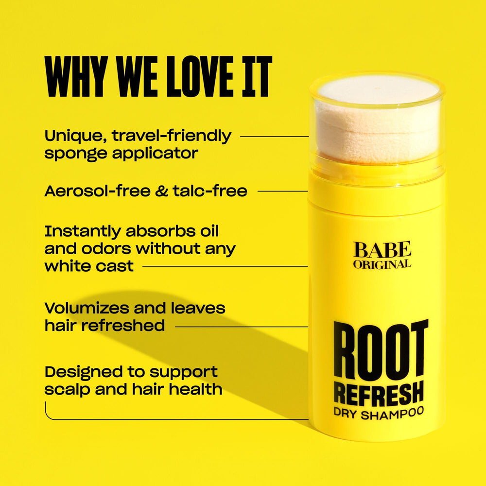 BABE ORIGINAL Root Refresh travel case illustrates TSA-friendly, aerosol-free convenience for on-the-go refresh.