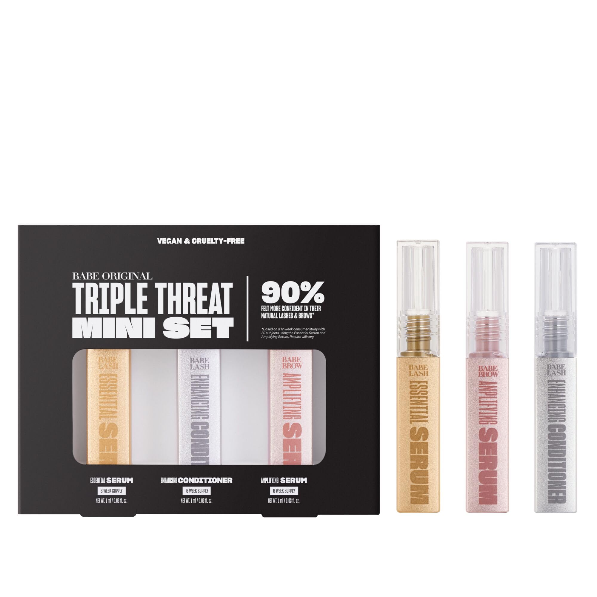 BABE ORIGINAL triple threat mini set packaging shows travel-ready lash and brow care trio.