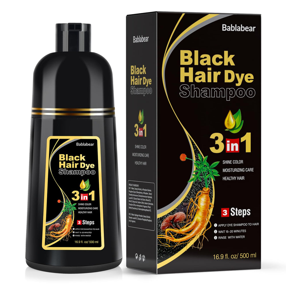 Bablabear black hair dye shampoo bottle demonstrates easy self-application for gray hair.