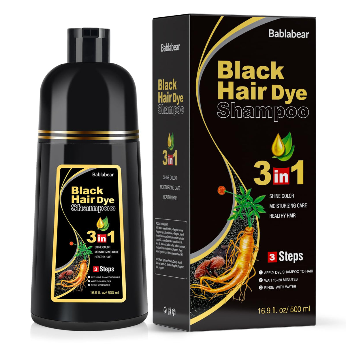 Bablabear black hair dye shampoo bottle demonstrates easy self-application for gray hair.