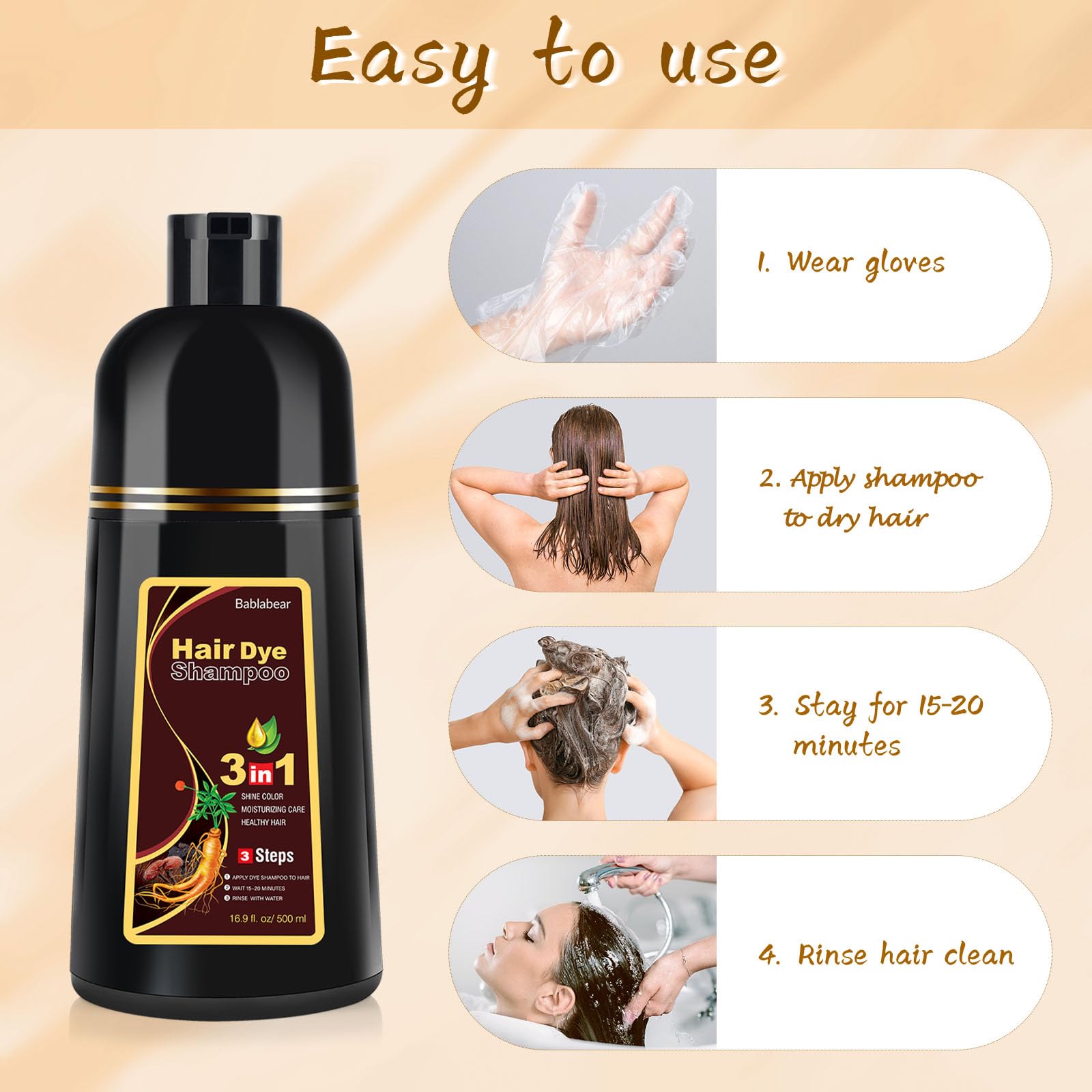 Bablabear color swatches chestnut brown to preview shade on dark hair.