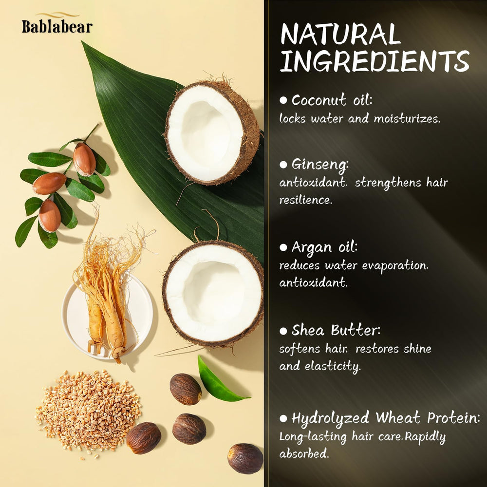 Bablabear Hair Mask natural ingredients close-up featuring ginseng, coconut and argan oils.