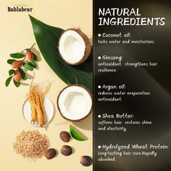 Bablabear Hair Mask natural ingredients close-up featuring ginseng, coconut and argan oils.