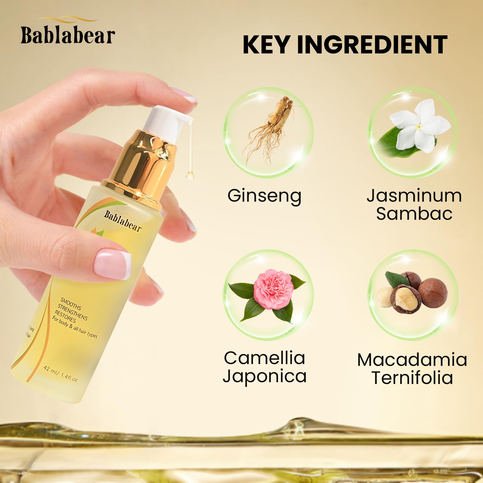 Bablabear Hair Oil color-protection close-up emphasizes Camellia oil benefits.