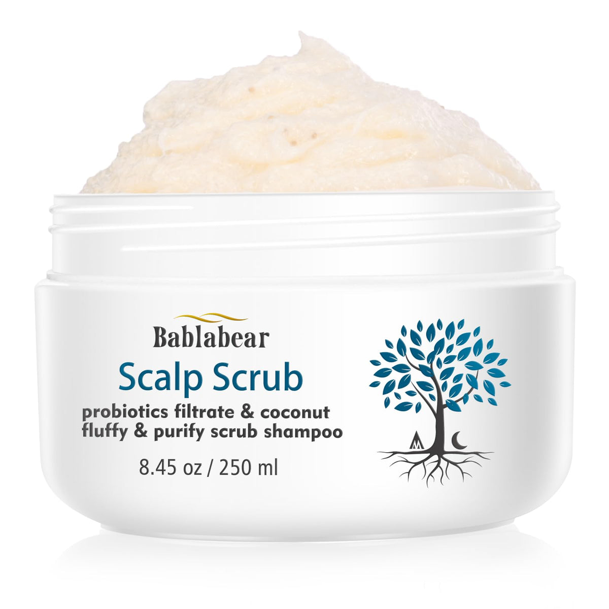 Bablabear Scalp Exfoliator Scrub bottle highlights vegan formula for gentle exfoliation and scalp balance.