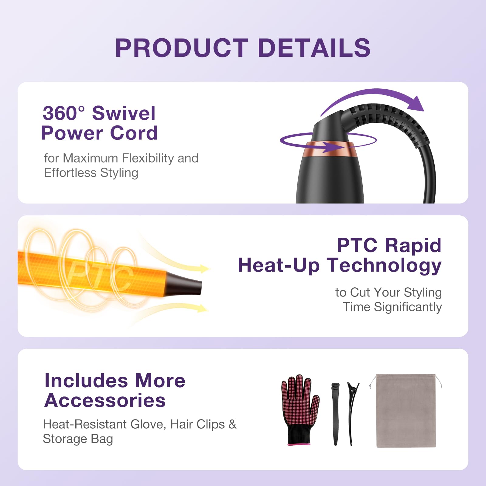 BABONIR adjustable heat 350–410°F with ceramic barrels for even heat and safer styling.