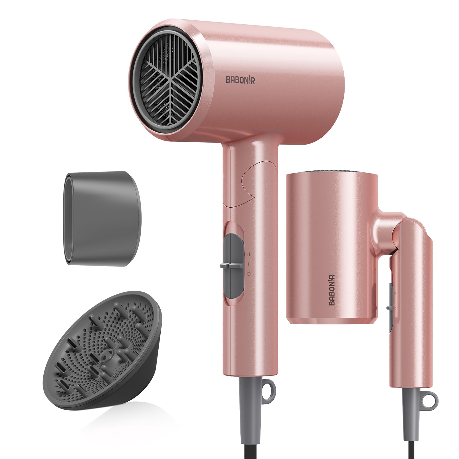 BABONIR Ionic Diffuser Hair Dryer front-angle showing 1875W power for fast drying