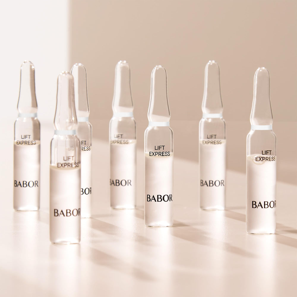 BABOR Lift Express Ampoule Concentrate ingredients highlight Vitamin A and E for skin texture.