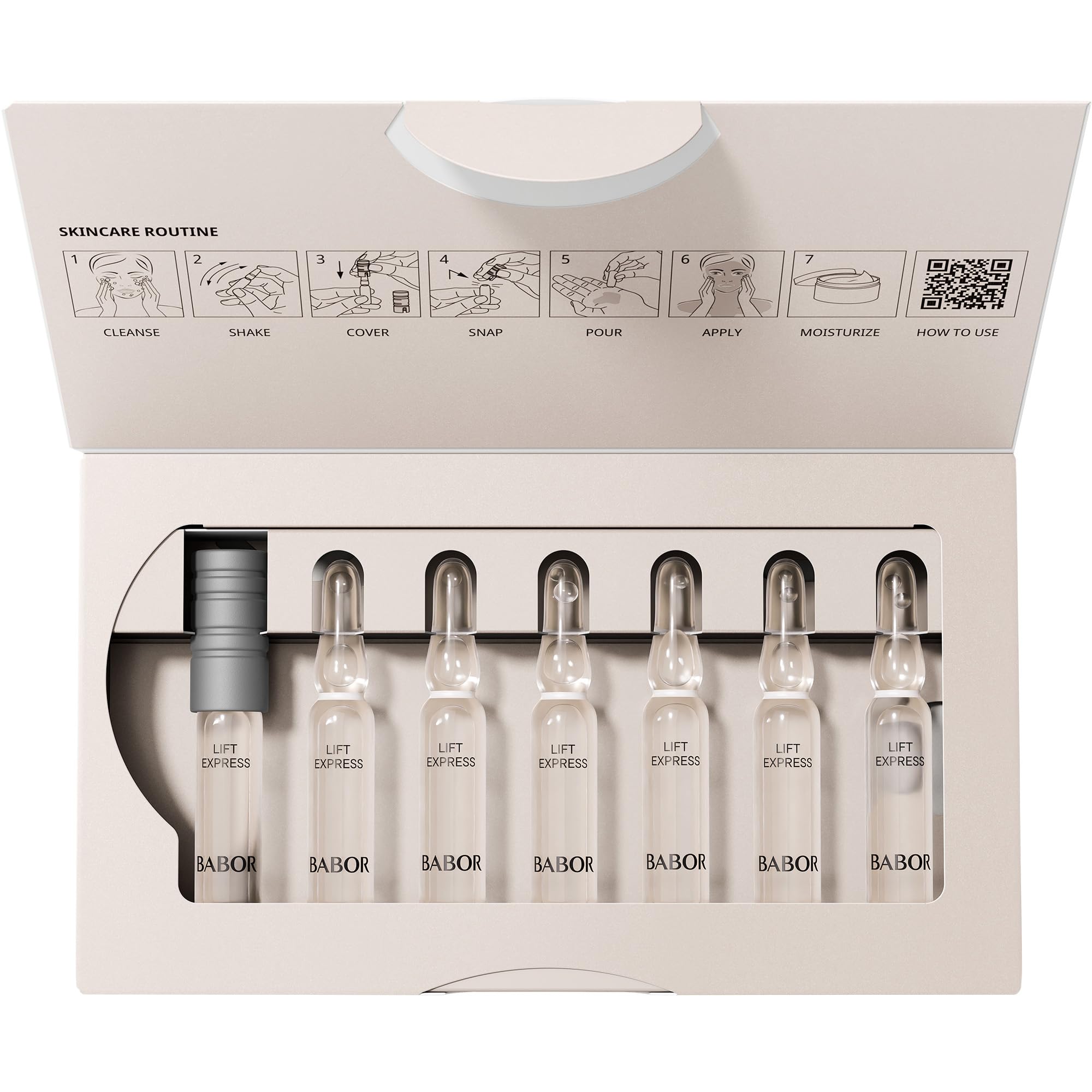 BABOR Lift Express Ampoule Concentrate serum on hand suggests easy at-home lifting benefits.