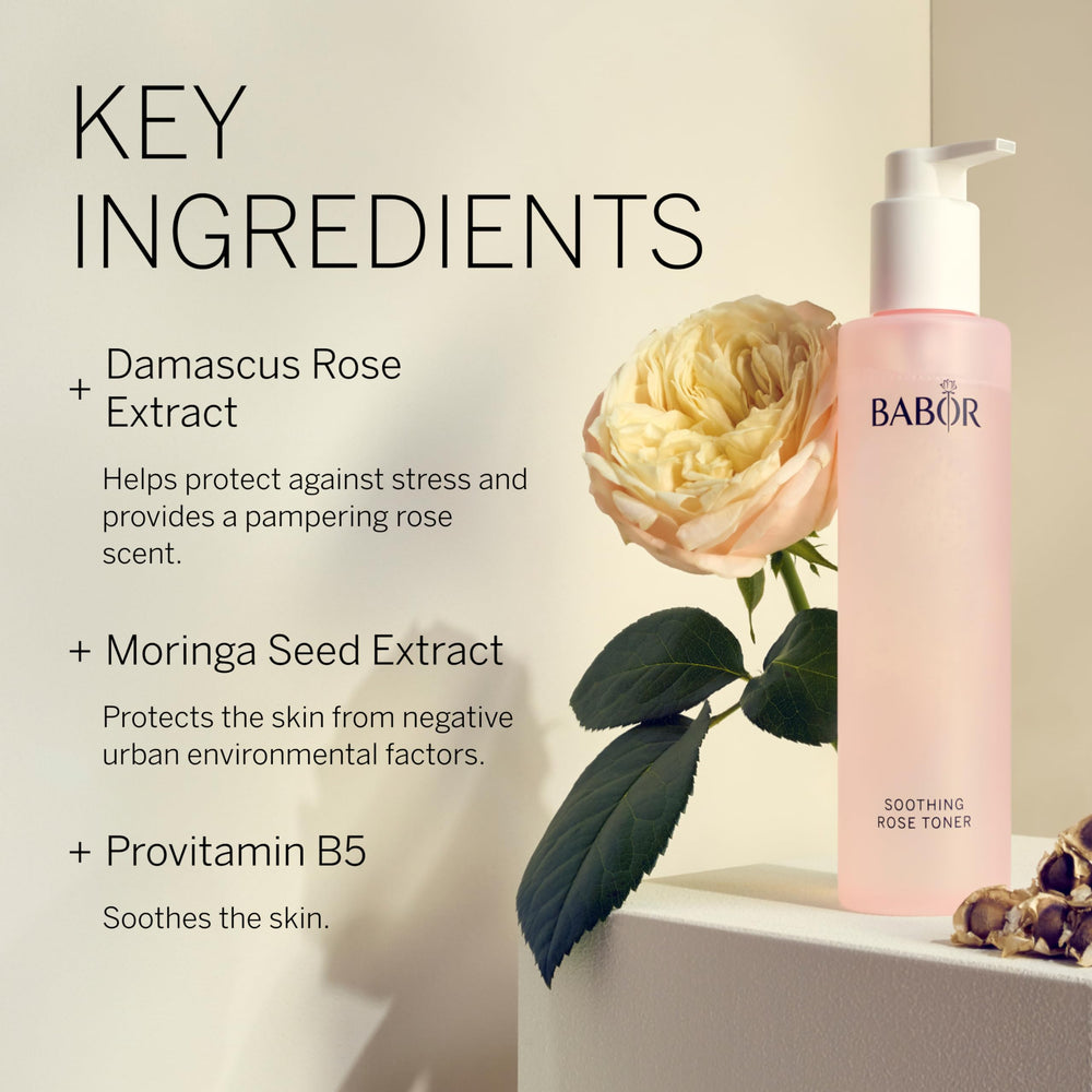 BABOR Soothing Rose Toner with Damascus rose extract close-up highlighting stress protection for skin