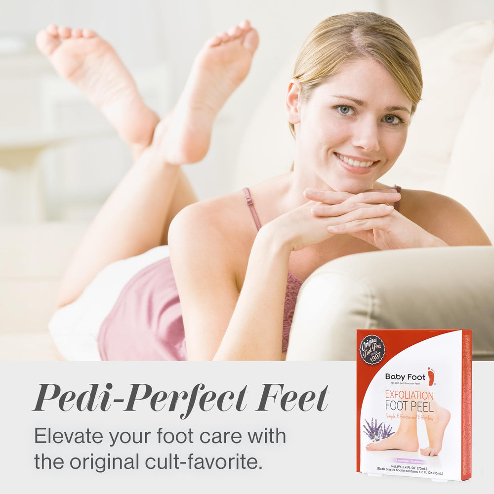 Baby Foot lavender-scent imagery evokes calming aromatherapy during foot care.