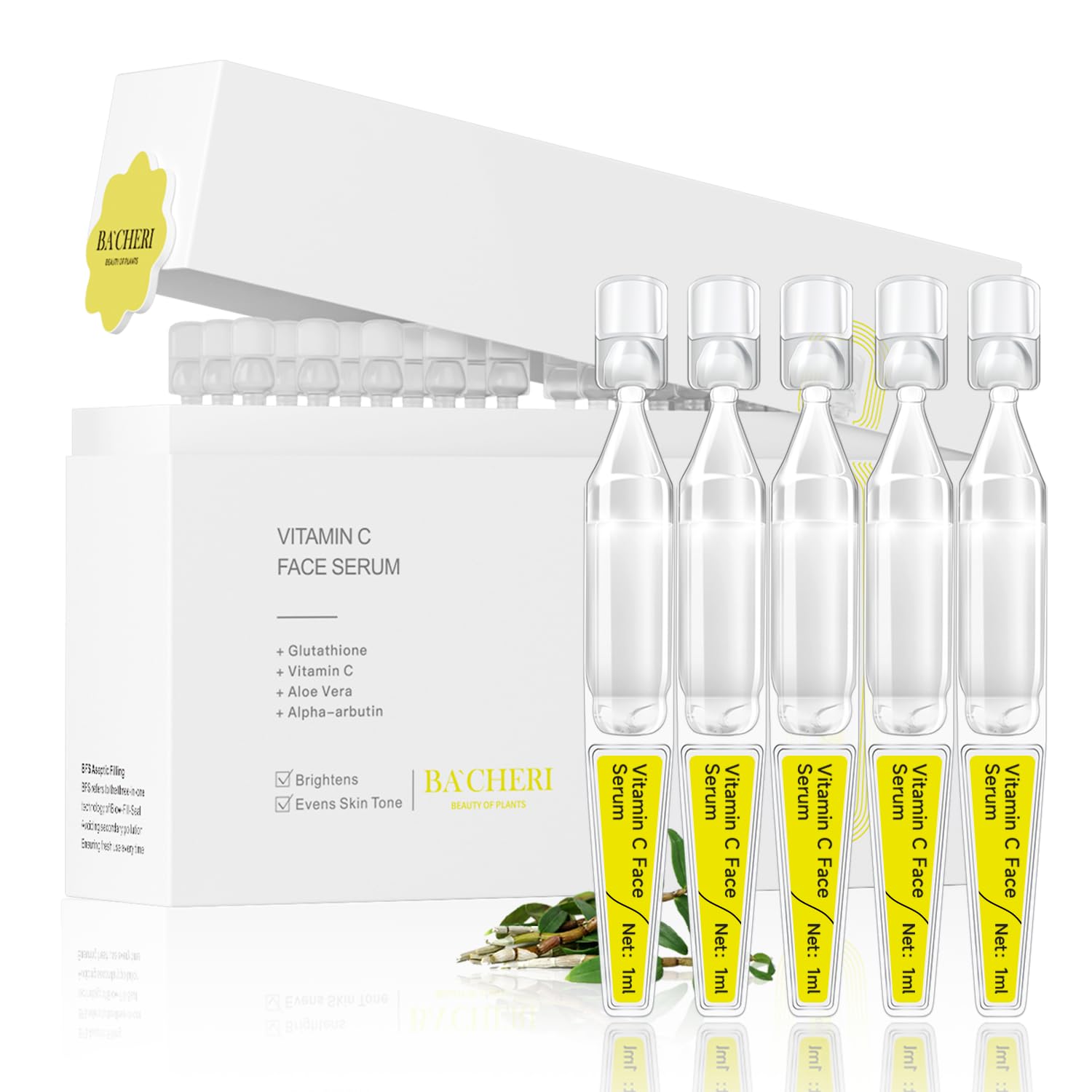 BACHERI Vitamin C Serum bottle close-up showing brightening and radiant skin potential.