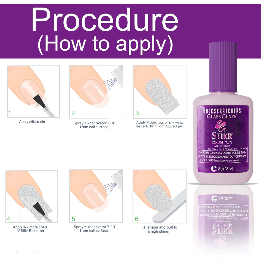 Backscratchers Glass Glaze Stikr Resin secures fiberglass tips for durable extensions.