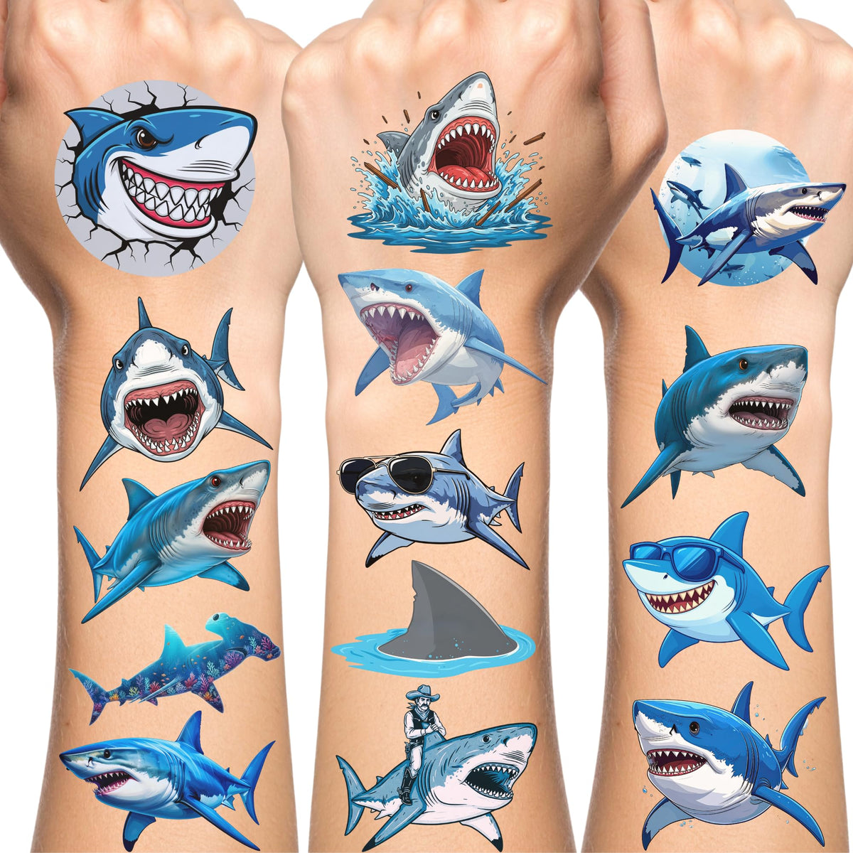 Backtopeia Shark Temporary Tattoos on four sheets for quick party prep.
