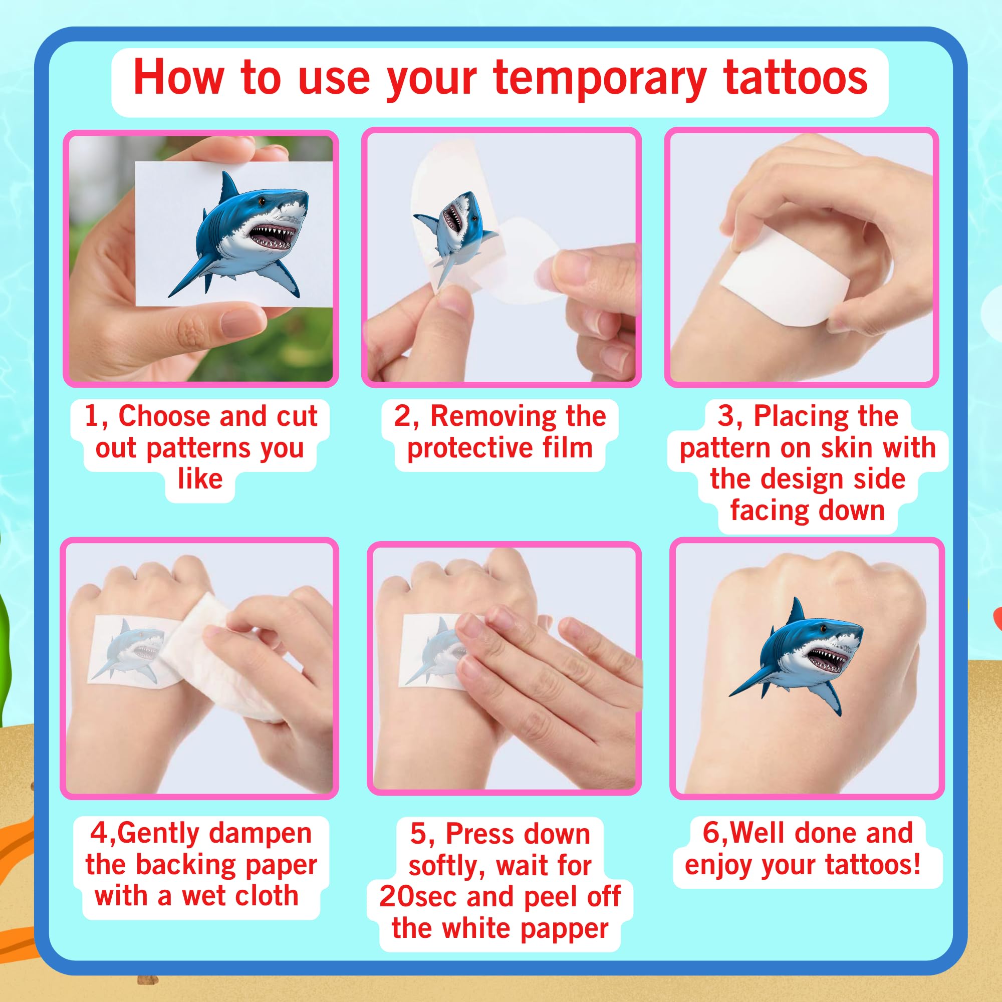 Backtopeia Shark tattoos invite playful ocean-themed moments.