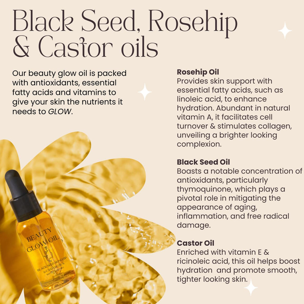 Bad Dog Beauty Glow Oil ingredients showcase black seed, castor, rosehip